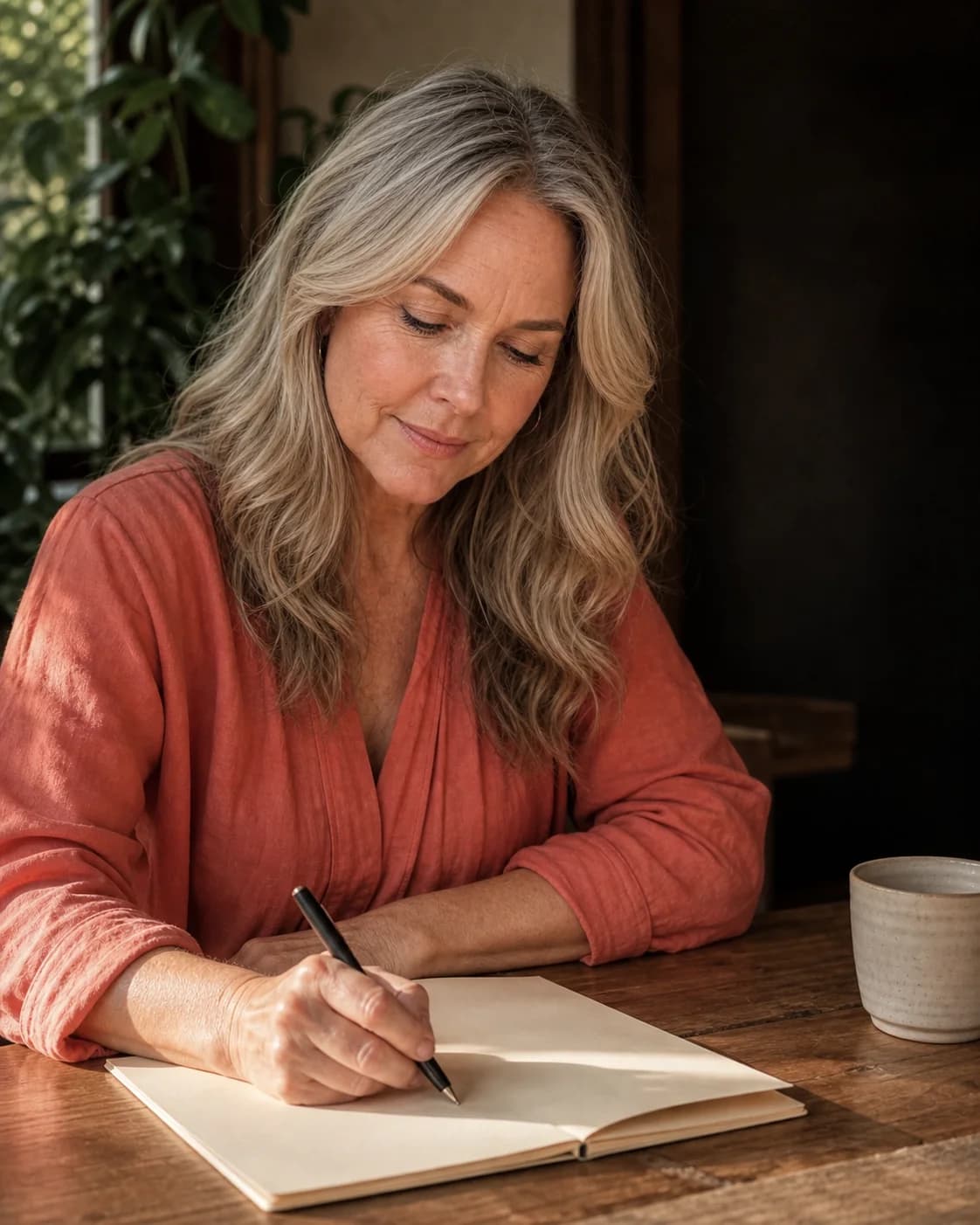 Amelia writing in a blank notebook at a wooden table