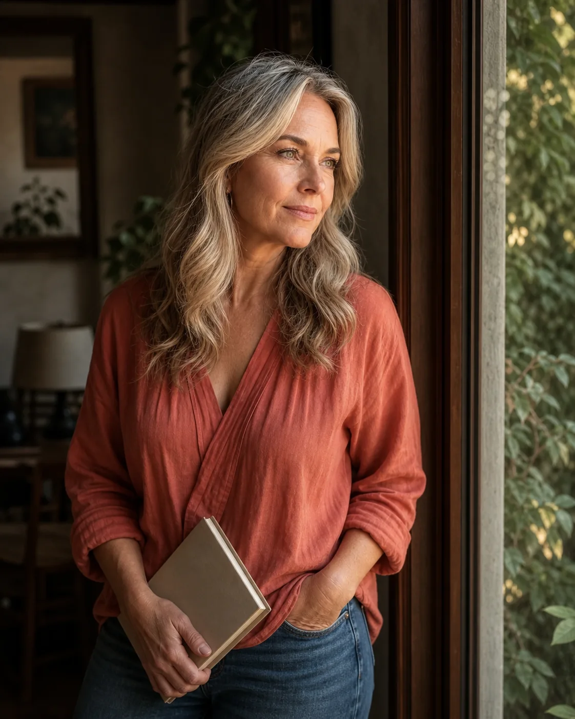 Amelia holding a closed notebook in a reflective pause by a window