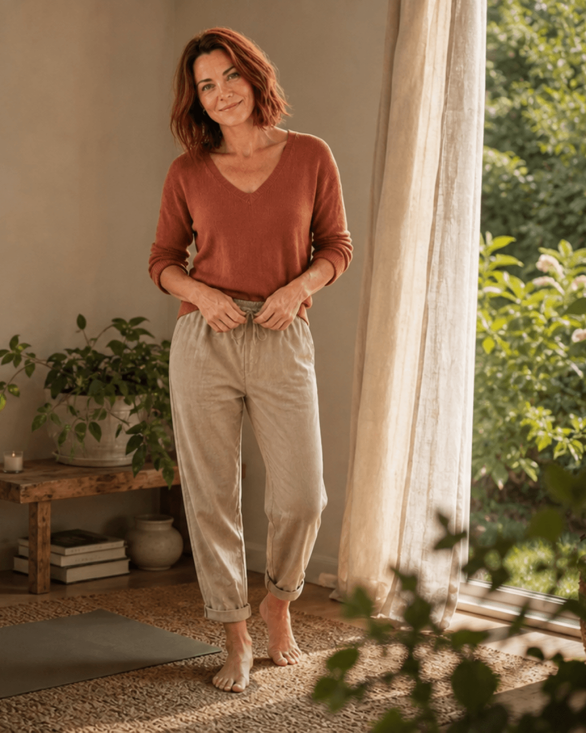 Melanie standing beside a movement mat in a warm, sunlit room